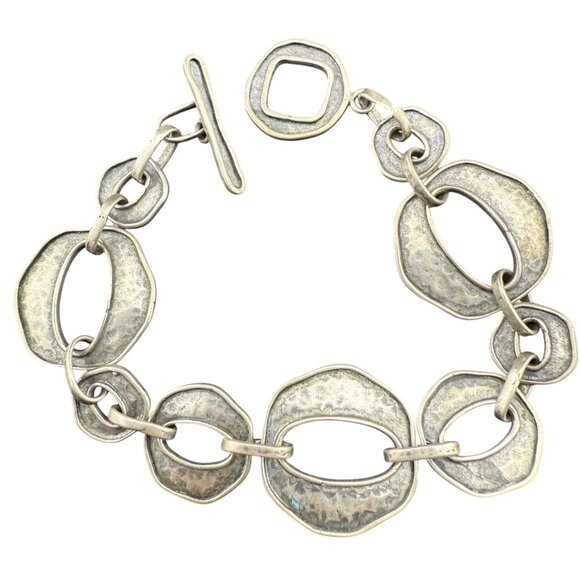 Artisan Sterling Silver Organic Link Bracelet 925 With Hammered Design And Toggl - Picture 1 of 8